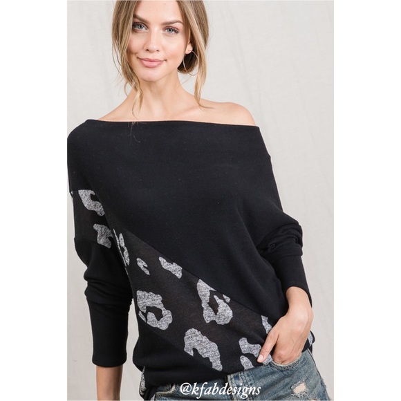 ❤️LAST ONE! Multi Wear Neckline Super Soft, Leopard Accent, Dolman Sleeve Top - Picture 5 of 9